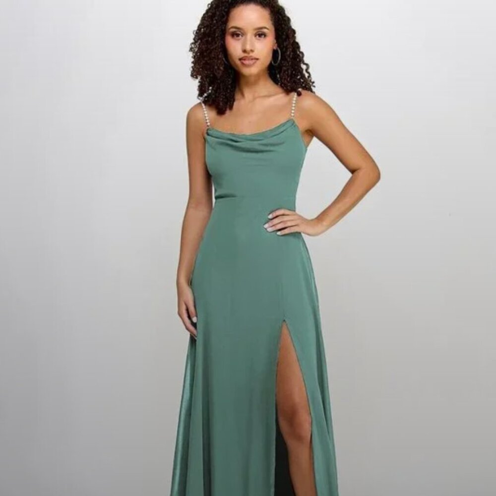 Drape-Neck Faux-Pearl-Strap Sage Dress